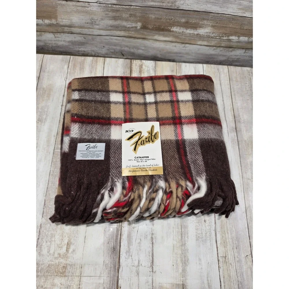 Vintage Faribo Catnapper Fringed Blanket Plaid Brown Tan 45x50